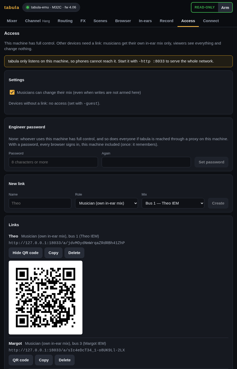 The Access page: settings, the engineer password, a new link, and the links, one with its QR code