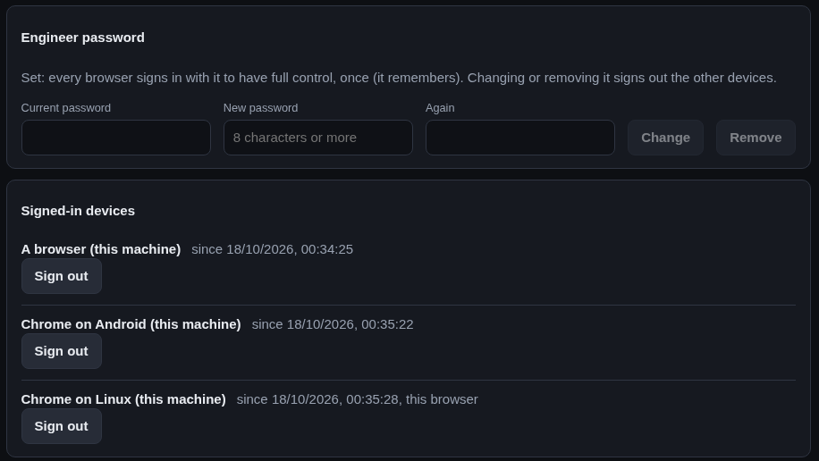 The engineer password and the signed-in devices on the Access page