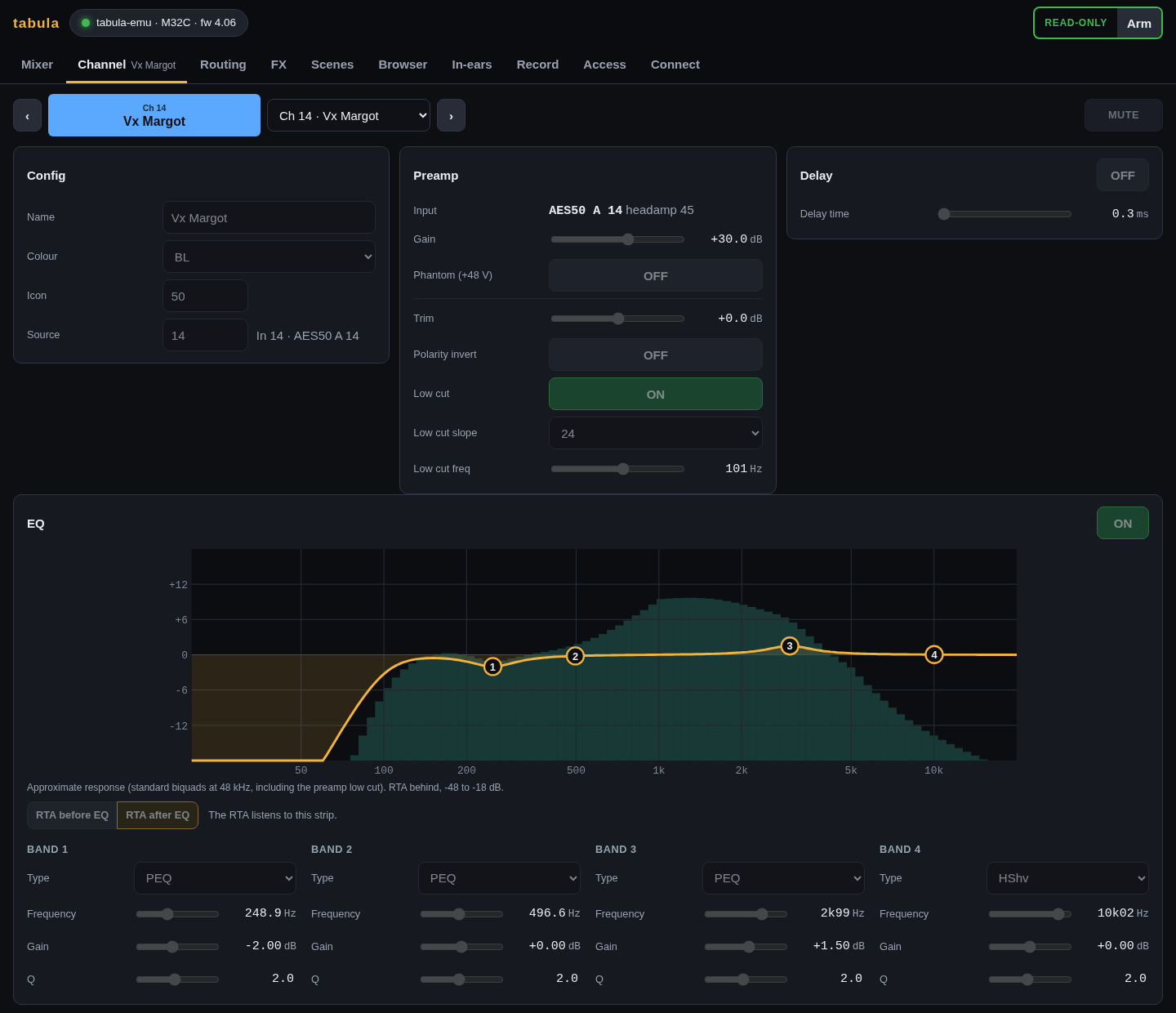 The Channel page of a vocal: config, preamp with its headamp, and the EQ with the RTA after the EQ