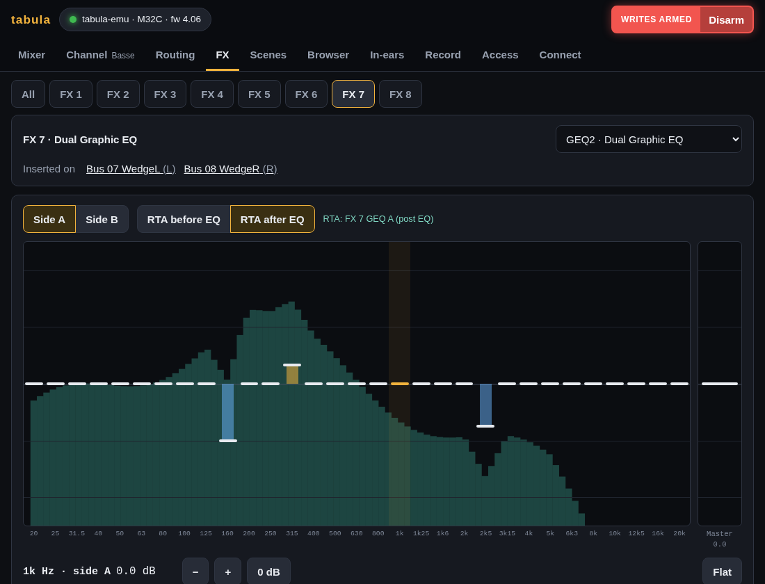 A dual graphic EQ on the wedges, with the RTA after the EQ: the cuts show in the spectrum