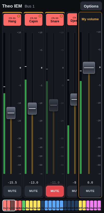 A musician's in-ear mix on a phone: one tall fader per source and their own volume