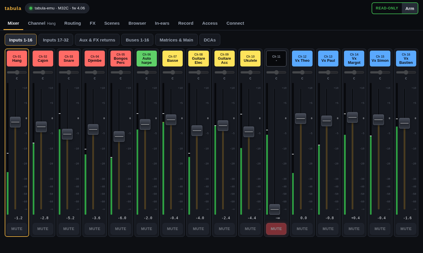 The mixer: inputs 1-16 of a show with the names and colours of the console, meters, faders and mutes